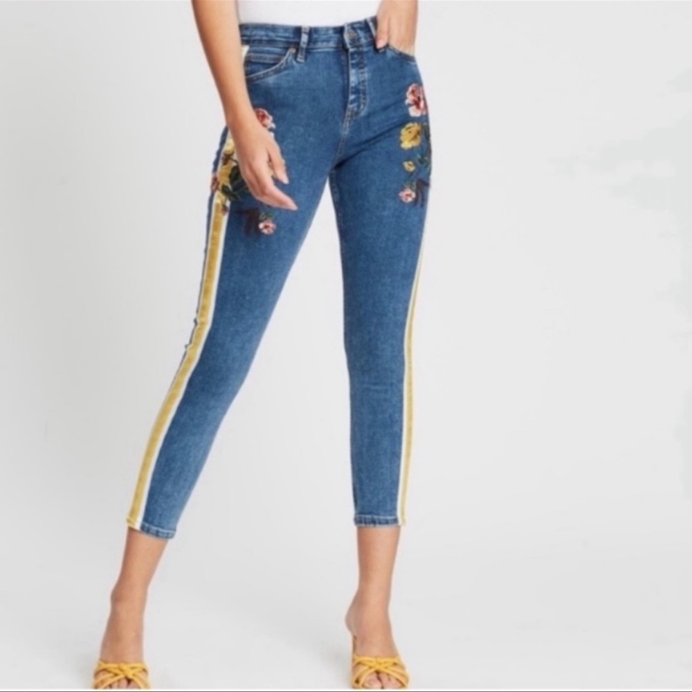 Topshop embroidered flower jeans Jamie Moto yellow side stripe